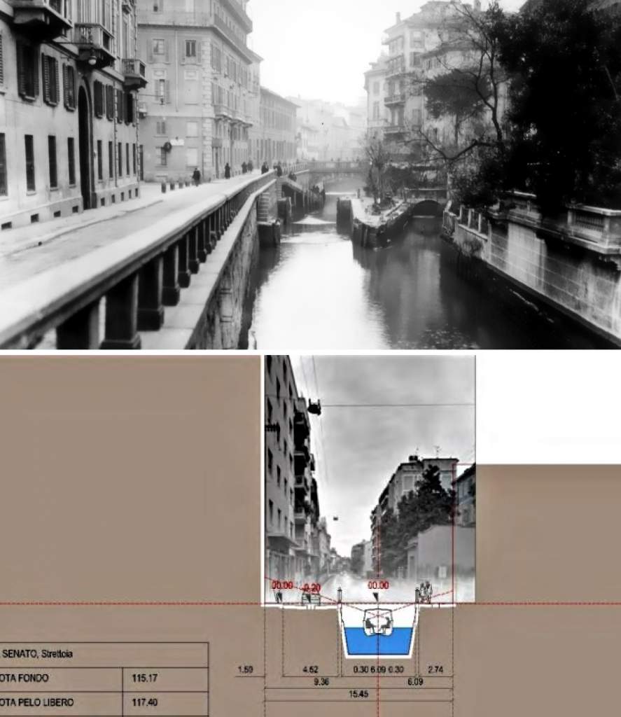 Via Senato com'era e come sarebbe con il nuovo fossato