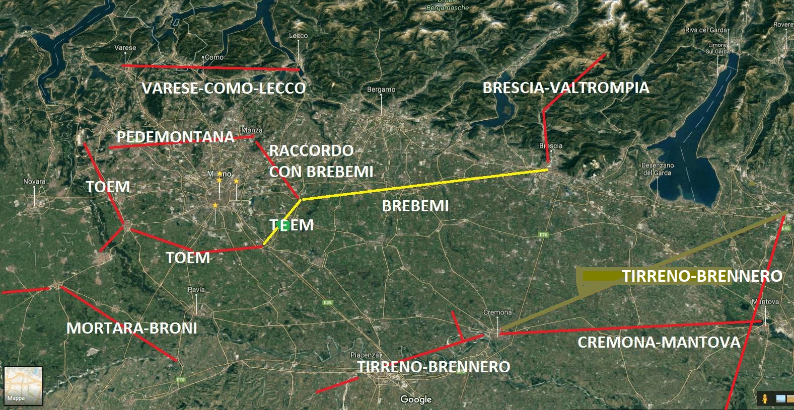 In rosso le autostrade che la Regione Lombardia vuole costruire per un totale di 400 Km, tutti passanti fra i campi agricoli più fertili. In giallo i tratti già realizzati. La Pedemontana è realizzata a tratti (Cliccare sulla foto per ingrandire)